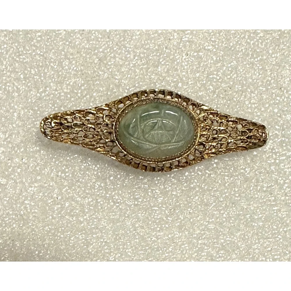 Vintage Chinese Gold Gilt Filigree & Jade Pin
